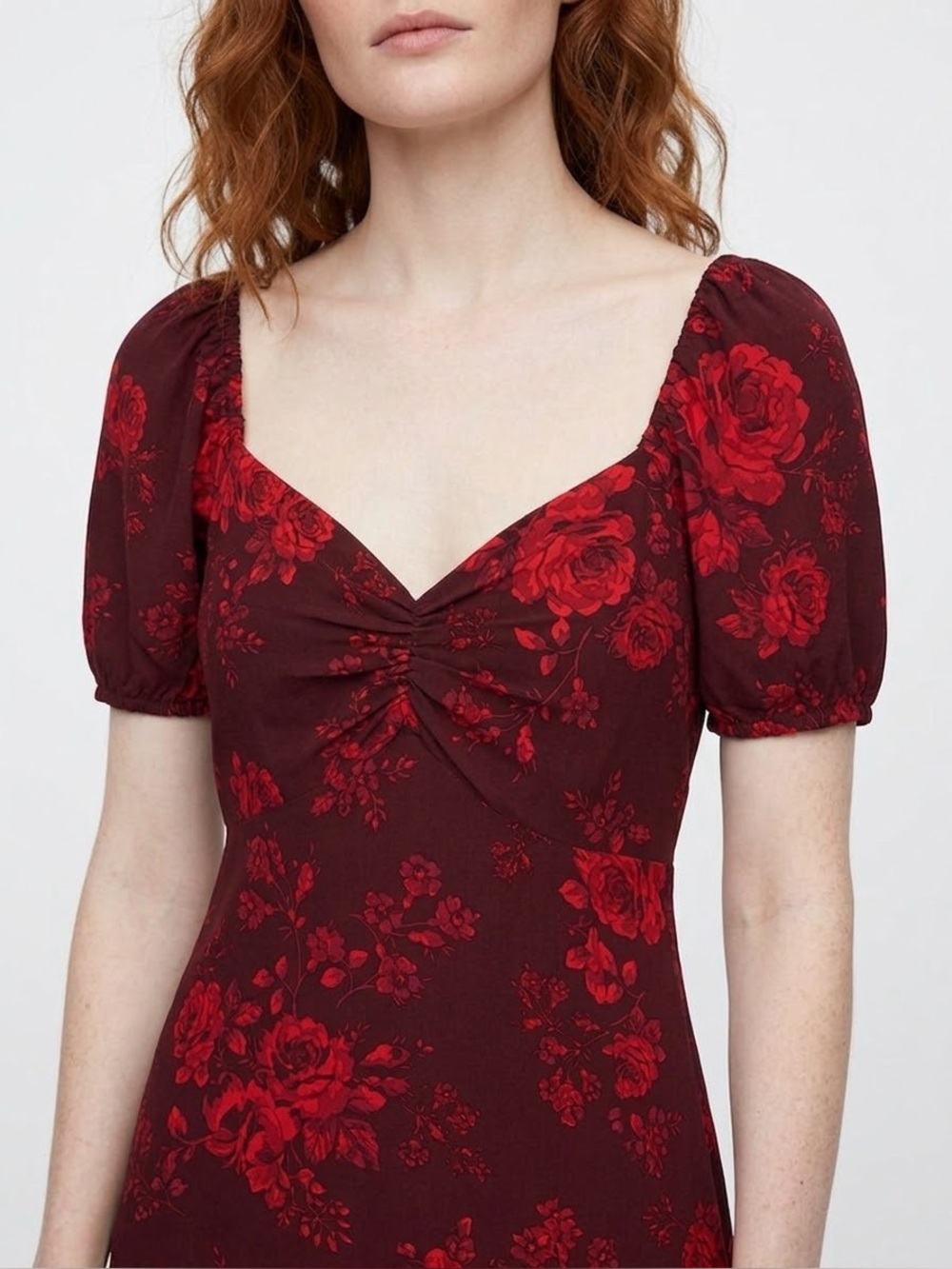Gap Red Maroon Floral Puff Sleeve Sweetheart Smocked Midi Dress size M